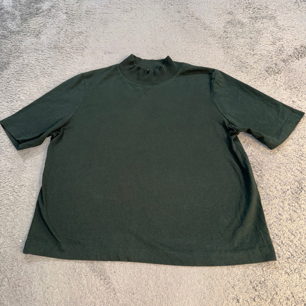 Zara Womens Mock Neck Short Sleeve Top Size L Dark Green Cotton Basic